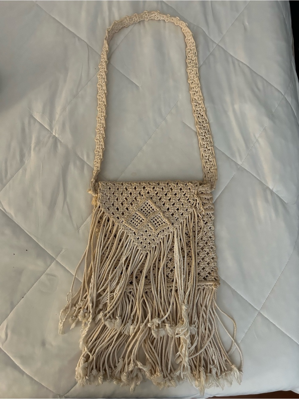 Handmade Macramé Fringe Crossbody Bag in Cream
